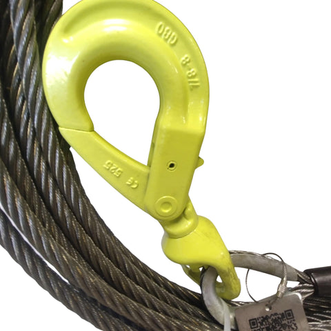 Close-up of three eighths inch by seventy five foot fiber core winch cable with self locking swivel hook for heavy duty tow