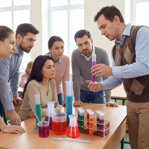 Group using Ultimate 22 Piece Plastic Labware Set For DIY Home Science with beakers, graduated cylinders, and test tube rack