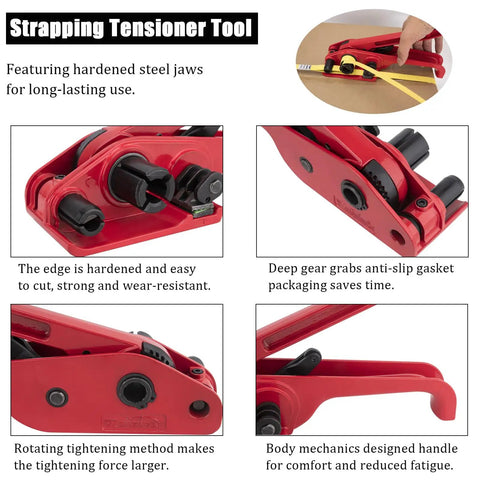 Strapping tensioner tool with hardened steel jaws for durability, part of the All‑In‑One Pallet Strapping Kit With Poly Strapping Bundle Tool And Sealer.