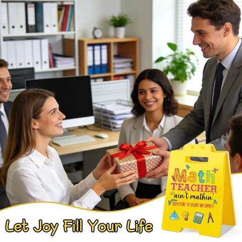 Office gifting scene with Math Teacher Desk Decor Show Your Work Ain't Mathin' Sign in yellow, perfect for educators' appreciation.