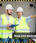 Workers wearing Six Pack White Hard Hats With 4 Point Suspension Adjustable Ratchet Vent Openings Sweatband Brow Pad ABS Construction Plus Six Reflective Safety Vests For Work Sites And Outdoor Labor Gear, standing and pointing on site