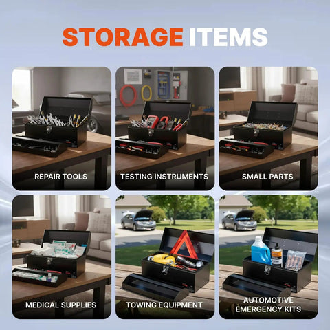 Sturdy 20 Inch Steel Tool Box With Rust Resistant Carbon Steel Build, Portable And Padlockable, shown storing various items.