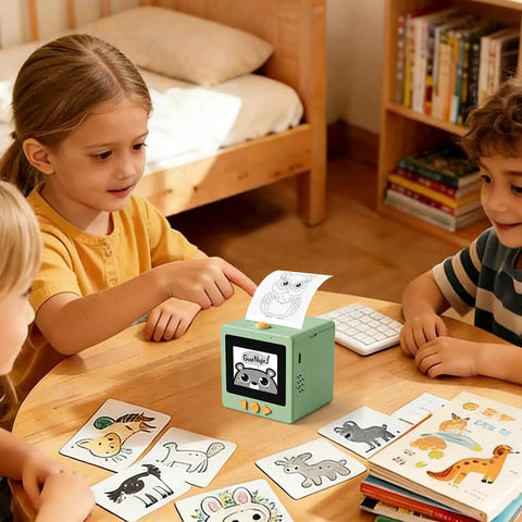 Next Level Smart AI Voice Activated Printer With Ridiculously Fast Inkless Thermal Tech And A Bright 2.4 Inch HD Touchscreen Display For Making Totally Awesome Custom Stickers Everyday in use by children printing stickers.