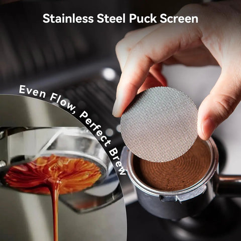 Stainless steel puck screen being placed over espresso for even flow and perfect brew, level up your home cafe setup with this premium 58mm espresso tamper and coffee distributor bundle including a sharp WDT tool for even distribution and nailed every single pull.
