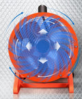 No Frills Heavy Duty Industrial Drum Fan 14 Inch Orange With Oscillating Head And Adjustable Tilt showing powerful airflow direction.