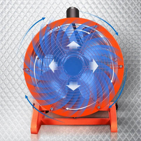 No Frills Heavy Duty Industrial Drum Fan 14 Inch Orange With Oscillating Head And Adjustable Tilt showing powerful airflow direction.