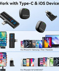 Wireless Lavalier Microphone for iPhone Android and PC With 60-Hour Battery 48KHz 24Bit Audio Plug-and-Play Lightning or USB-C 3 Recording Modes AI Noise Cancellation Lapel Mic for Vlog YouTube and Interviews showing compatibility with Type-C and iOS devices.