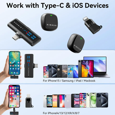 Wireless Lavalier Microphone for iPhone Android and PC With 60-Hour Battery 48KHz 24Bit Audio Plug-and-Play Lightning or USB-C 3 Recording Modes AI Noise Cancellation Lapel Mic for Vlog YouTube and Interviews showing compatibility with Type-C and iOS devices.