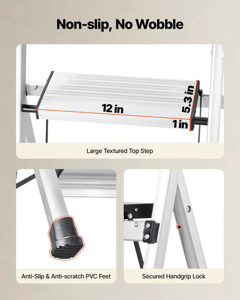 Six Step Folding Ladder With Wide Anti Slip Pedals And Comfort Handgrip Aluminum Portable Stepladder 330 Lbs Capacity Go To Everyday Workhorse For Kitchen Garage Office And Warehouse Lightweight Silver, large top step