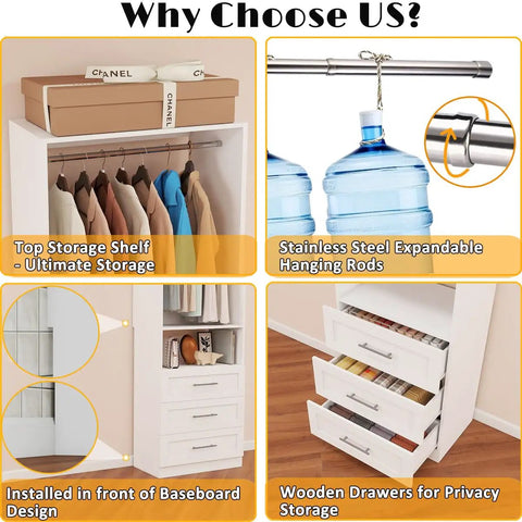 Hella Spacious Modular Closet System With Twelve Deep Drawers And Eight Heavy Duty Hanging Rods Expands From Two To Eight Feet Freestanding White Wood Wardrobe No Sweat Setup For Real Home Organization