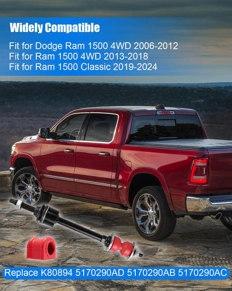 Dodge Ram 1500 4WD Sway Bar Link With Bushing Kit For 2006 To 2012 2013 To 2018 And Classic 2019 To 2024 on red Ram truck