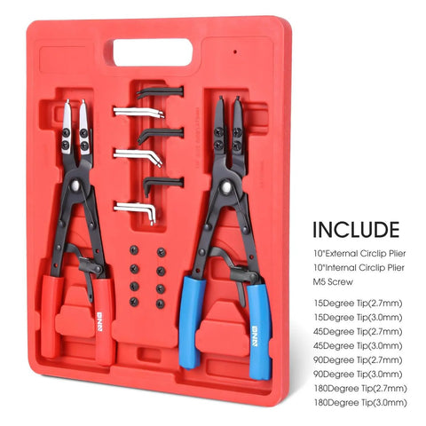 Beefed-Up Heavy Duty 2 Piece 10 Inch Multi Angle Internal And External Circlip Pliers Set With Case shown in red tray