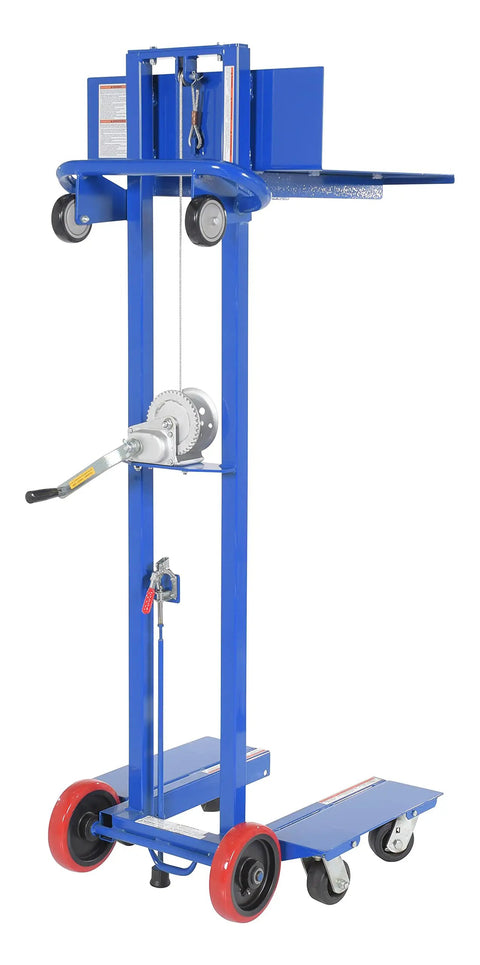Badass Workhorse Steel Load Lift Platform With Winch And Swivel Casters 24 By 20 Inch Deck 400 Pound Capacity Manual Floor Jack For Tough Job Site Projects Blue, showcasing winch mechanism and sturdy wheels.
