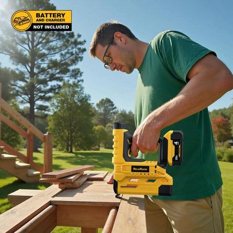 Man using Badass Two In One Cordless Brad Nailer And Quarter Crown Stapler outdoors on wooden planks for DIY project.