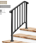 Heavy Duty Three Step Wrought Iron Handrail With Curved Metal Balusters In Matte Black Finish Perfect For Outdoor Deck Stairs And Porches That Looks Solid And Works Like A Charm, showcasing adjustable tilt and sturdy installation.