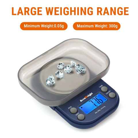 Pocket Digital Gram Scale 0.01g Precision, 300g Capacity for Jewelry Coffee and Kitchen with gems on weighing platform