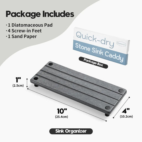 Total Game Changer For Messy Counters, This Fast Drying Diatomite Sink Caddy with dimensions 10x4 inches and package details.
