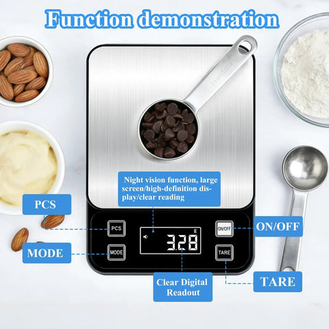 Waterproof Pro Grade Digital Kitchen Scale With IP67 Rating 10Kg Capacity 0.1g Precision Type C Rechargeable featuring tare function