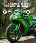 Green motorcycle secured with Beefy Heavy Duty Self Retracting Ratchet Straps 1In By 13Ft, 1800 Lb Break Strength on trailer