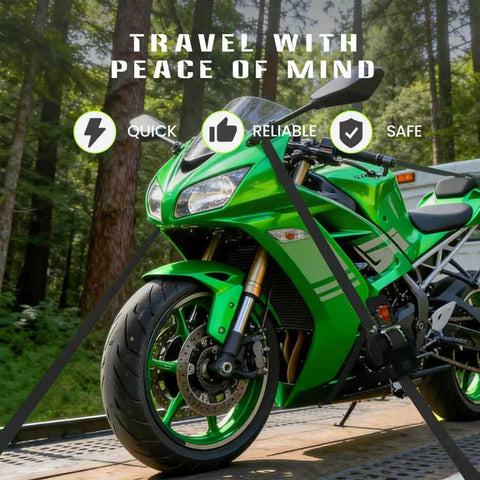 Green motorcycle secured with Beefy Heavy Duty Self Retracting Ratchet Straps 1In By 13Ft, 1800 Lb Break Strength on trailer
