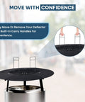 Stainless Steel Fire Pit Heat Deflector for Solo Stove Bonfire shown with lifting handle for easy mobility.