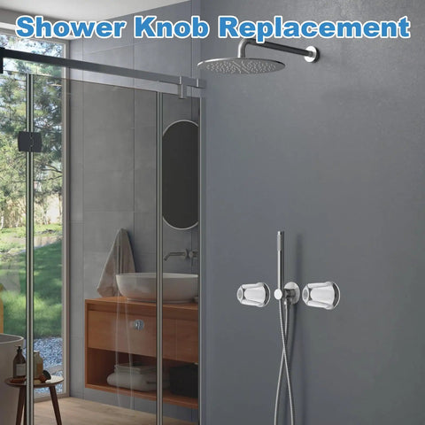Two Piece Shower Knob Replacement Set With Flange Base For Hot And Cold Tub Faucet Handles Verve Style Trim Kit Fits Five And A Half Inch High 12 Tooth Broach Stem Cartridge Polished Chrome Finish