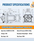 Product specifications for Top Shelf Brushless 110 Volt AC Water Pressure Transfer Pump 6.0 GPM 55 PSI with dimensions and features.