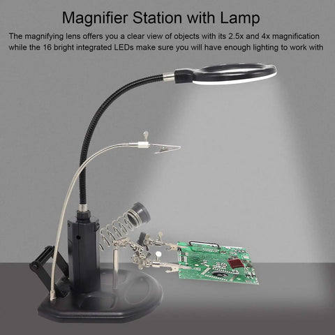 Pro Grade Magnifier Work Station With 16 LED Lights For Soldering And Welding 2.5X And 4X Magnification USB Rechargeable Hands Free Glass Stand.