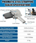 Diagram of Heavy Duty Pneumatic Metal Strapping Tool Set For Industrial Bundling No Power Needed Yet Packs A Punch with specs displayed