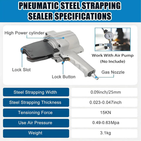 Diagram of Heavy Duty Pneumatic Metal Strapping Tool Set For Industrial Bundling No Power Needed Yet Packs A Punch with specs displayed
