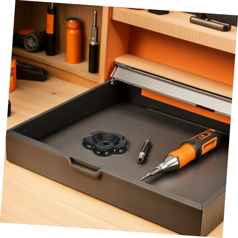 Black Bakelite Spigot Handle Replacement Knobs 6CM 6STAR Fit 8X8MM Stem Hole on tool tray with orange screwdriver