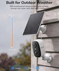 Rugged 2K Wireless Solar Security Camera For Outdoor Home Monitoring mounted on wall with solar panel, designed for all weather.