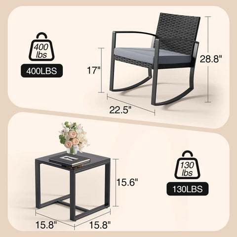 Dimensions of the Three Piece Patio Furniture Set With Rocking Bistro Style Chill Outdoor Rattan Conversation Set.