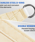 Stainless steel D-ring and double webbing detail on Heavy Duty Permeable Sun Shade Sail 10x12 Feet Blocks 95 Percent Sun Rays UV And Drizzle Breathable PU Coated HDPE Backyard Shade For Patio Deck Garden Outdoor Hangouts Beige.