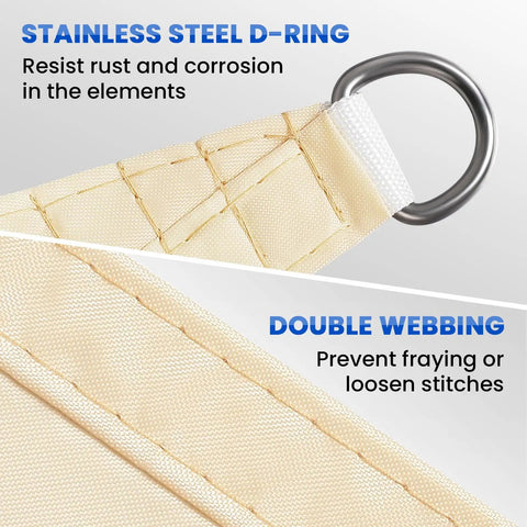 Stainless steel D-ring and double webbing detail on Heavy Duty Permeable Sun Shade Sail 10x12 Feet Blocks 95 Percent Sun Rays UV And Drizzle Breathable PU Coated HDPE Backyard Shade For Patio Deck Garden Outdoor Hangouts Beige.