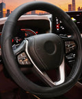 Premium Black Pu Leather Steering Wheel Cover For Cars And Suv With Universal 14.5 To 15 Inch Fit, close-up view in car interior.