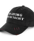 Yacht Ready Sun Hat For Dad A Lightweight Colorful Cap With An Adjustable Strap, black design with 'No Crying on the Yacht' text.