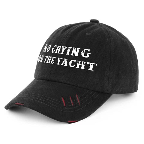 Yacht Ready Sun Hat For Dad A Lightweight Colorful Cap With An Adjustable Strap, black design with 'No Crying on the Yacht' text.