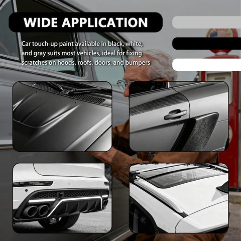 2-In-1 Car Touch Up Paint Pen With Brush And Nib For Quick Scratch Fixes on hoods, roofs, doors, bumpers in black and gray.