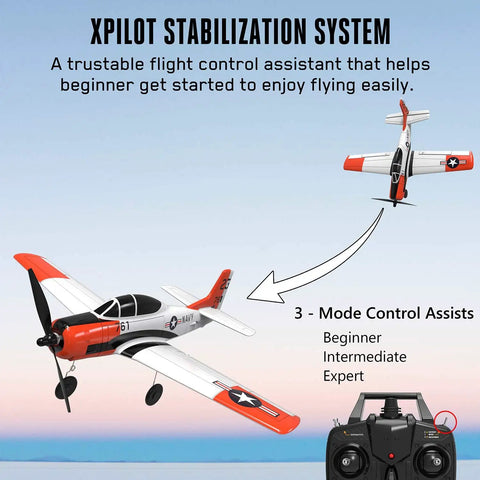 Beginner Friendly RC Airplane With XPilot Stabilization System, 2.4 GHz 4 Channel Remote displayed with T28 Trojan plane in flight