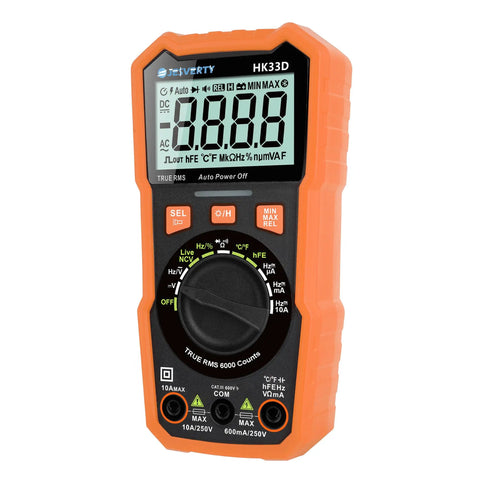6000 Count Digital Multimeter With NCV LCD For AC And DC Voltage And Current, Resistance, Capacitance, Live Wire, Frequency, Temperature, Duty Cycle, Continuity And Diode Testing orange handheld tester front view