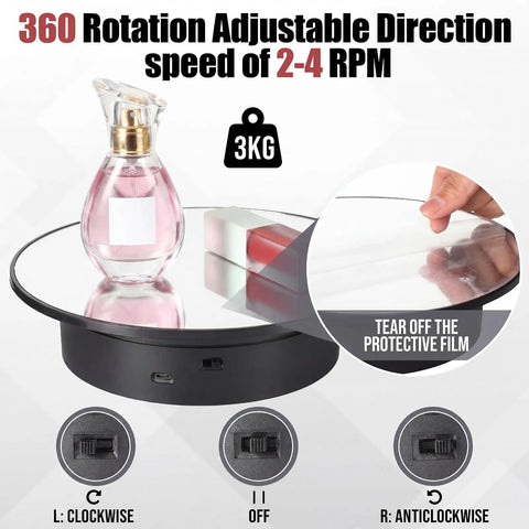 Smooth 7.87 Inch Motorized Rotating Display Stand With Sleek Mirror Surface showcasing a perfume bottle on its polished surface.