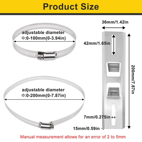 Stainless Steel Pole Mount Bracket Kit With Hardware And Adjustable Clamp showing measurements and sizes for outdoor electrical enclosures.