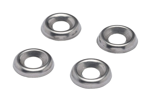 Overhead view of four stainless steel cup countersunk washers No. 10 size.