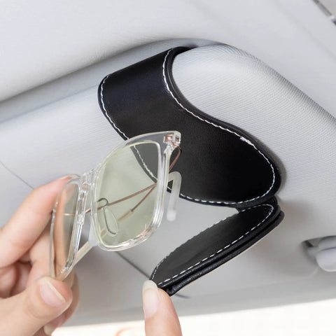 Porsche Sunglasses Holder Car Clip For Visor One Hand Operation Leather Eyeglass Clip on car visor with sunglasses.