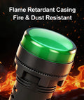 Green 22mm LED industrial indicator light with flame retardant casing, shown with fire, 110V AC pilot signal lamp for machinery