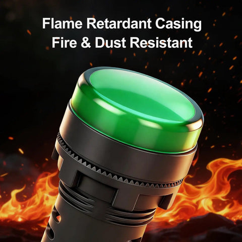 Green 22mm LED industrial indicator light with flame retardant casing, shown with fire, 110V AC pilot signal lamp for machinery