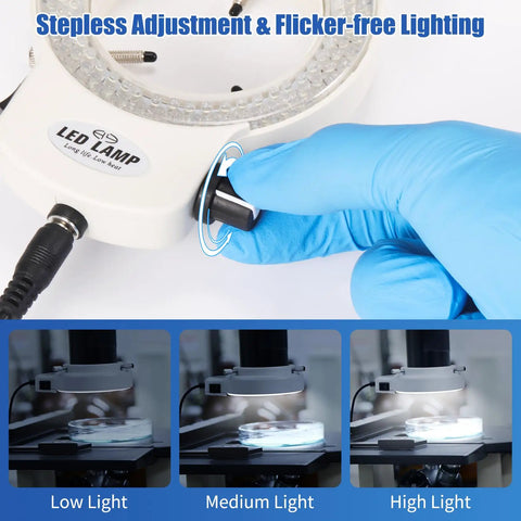 144 LED Non Flashing Microscope Ring Light With Adjustable Illuminator And Protective Cover For Microscopes Cameras And Mini Lathes White Shadow Free Illumination Stepless Dimmer, white LED lamp with hand adjusting knob
