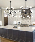 Black Modern Sputnik Chandelier With 18 Lights, 360 Degree Adjustable Angles in a kitchen setting over island