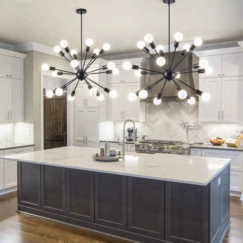 Black Modern Sputnik Chandelier With 18 Lights, 360 Degree Adjustable Angles in a kitchen setting over island